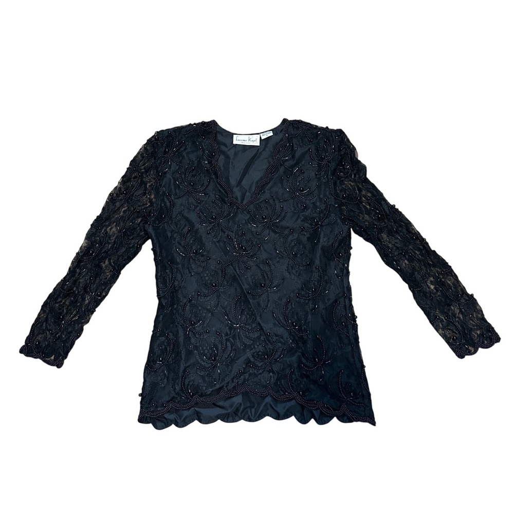 Vtg Beaded Lace Top Black V-Neck Long Sleeve Scallop Hem Medium whimsigoth fairy